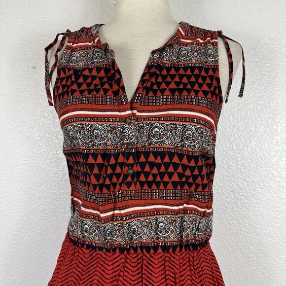 Lucky Brand Boho Dress Womens Small Orange Black Tribal Sleeveless Cotton Shift - Picture 5 of 13